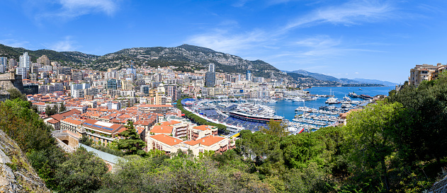 Top view of Port  in Alicante with docked yachts from castle. Spain