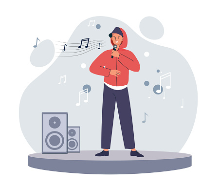 Rapper on stage. Young guy with microphone reads text to music. Modern style, hip hop. Famous musician, popular personality. Man rapping, vocalist at concert. Cartoon flat vector illustration