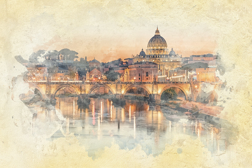 The city of Rome at sunset - Watercolor effect illustration
