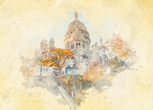 Sacre Coeur Basilica in Montmartre, Paris - Watercolor effect illustration