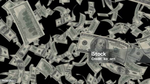 Falling Dollar Bills Banknotes Falling Rain Isolated Transparent On Black Screen Background Stock Photo - Download Image Now