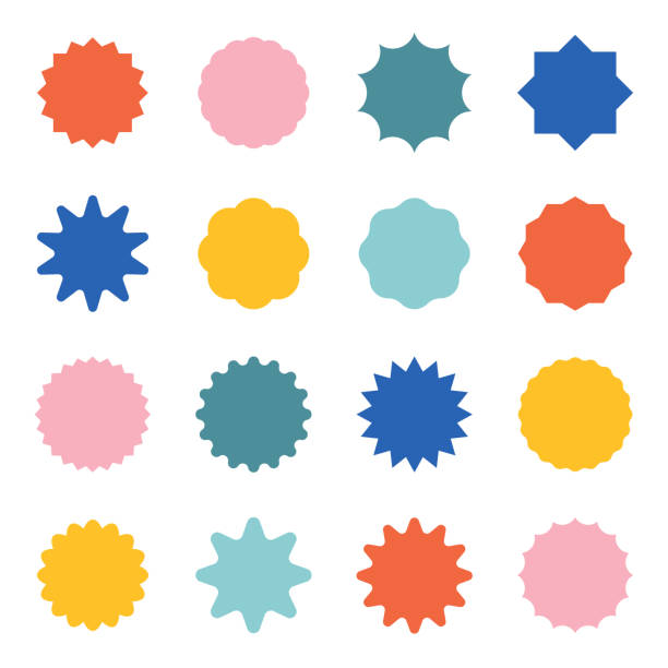 starburst & seal geometrisches formset — farb-asset-paket - seal stamper stock-grafiken, -clipart, -cartoons und -symbole