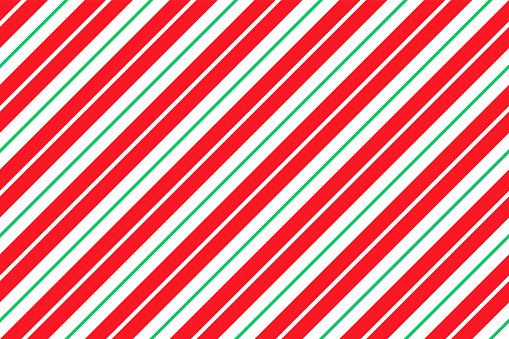 Candy cane striped background. Seamless Xmas red green pattern. Peppermint wrapping texture. Christmas caramel package print. Abstract geometric backdrop. Cute diagonal lines. Vector illustration.