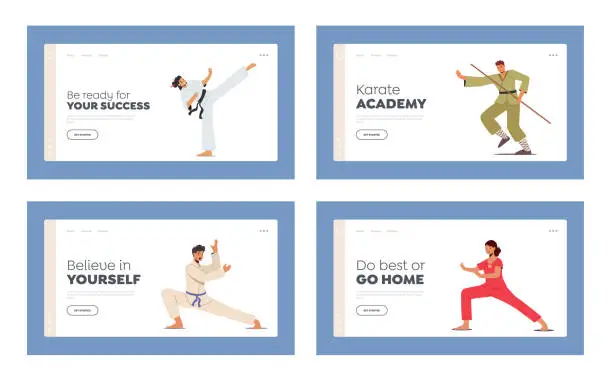 Vector illustration of Martial Arts Landing Page Template Set. Male and Female Characters in Uniform Presenting Different Fighting, Karate