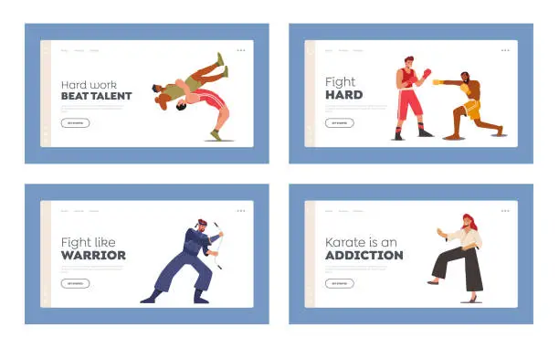 Vector illustration of Martial Arts, Sport Competition Landing Page Template Set. Characters in Uniform Presenting Different Fighting. Karate