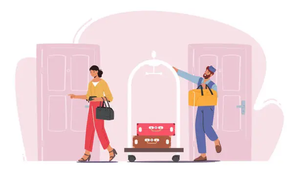 Vector illustration of Hotel Staff Meeting Guest in Hall Carrying Luggage by Cart. Woman Character Checkin, Stay in Guesthouse for Vacation