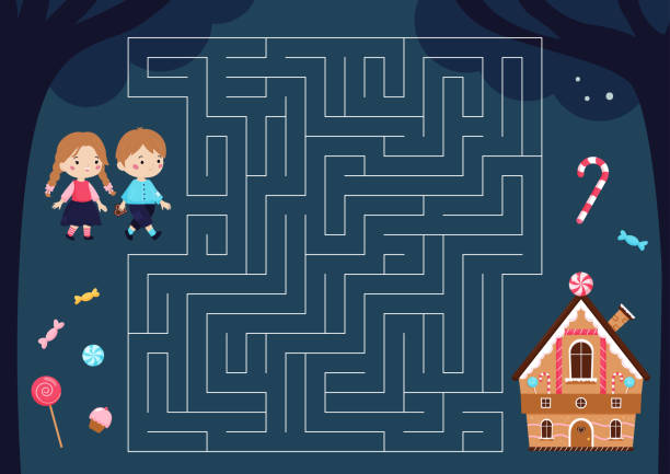 ilustrações, clipart, desenhos animados e ícones de jogo de labirinto para crianças. hansel e gretel encontram a doce casa de gengibre. - fairy tale house witch candy