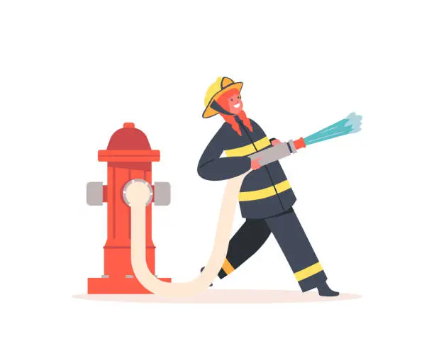 Vector illustration of Brave Girl Fireman Spray Water from Hose, Dangerous Profession Concept with Child Use Equipment for Fighting with Blaze