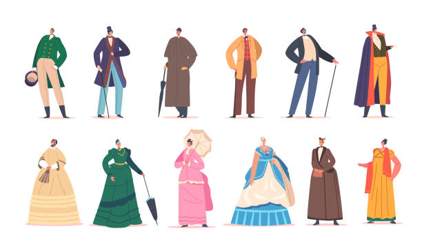 европейские дамы и джентльмены 19-го века носят элегантные платья, костюмы и аксессуары. викторианские персонажи - history women victorian style one person stock illustrations