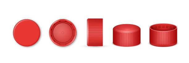 Set of 3d bottle cap or realistic lid for water. Red beverage cover from top and bottom, side view vector art illustration