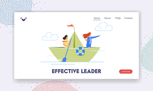 Effective Leader Landing Page Template. Business Women Sailing On Paper Boat. Business Team Overcomes Difficulties And Risks. Visionary Leading Team, Way to Success. Cartoon Vector Illustration
