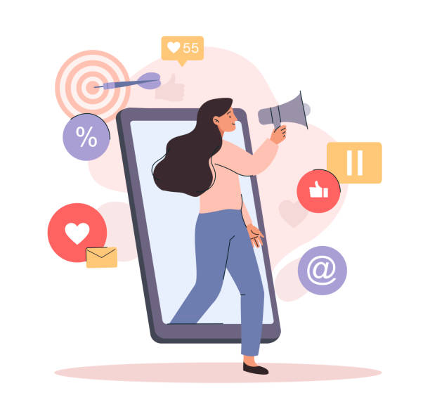 Social media marketing Social media marketing. Girl with loudspeaker next to smartphone. Modern technologies and promotion of goods on Internet. Woman calling friends to buy products. Cartoon flat vector illustration influencer stock illustrations