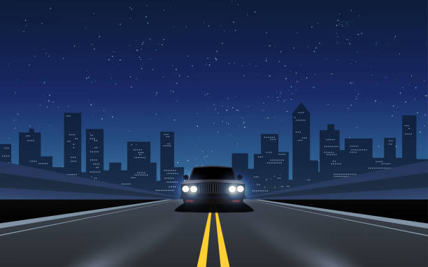 ilustraciones, imágenes clip art, dibujos animados e iconos de stock de autopista en la ciudad con un coche y cielo estrellado - driving night car headlight