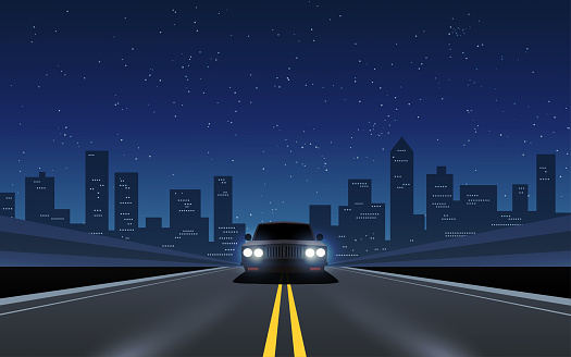 Illustration of highway in city with a car and starry sky