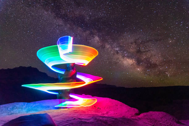 istock Epic Rainbow Light Swirl Under Milky Way Starry Night Sky in Desert 1408133331