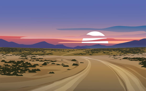 пустынный дорожный пейзаж на закате - desert road desert road landscape stock illustrations