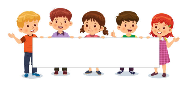Boys and girls are holding blank posters while standing and smiling Boys and girls are holding blank posters while standing and smiling. Vector illustration isolated on white background free school borders clip art stock illustrations