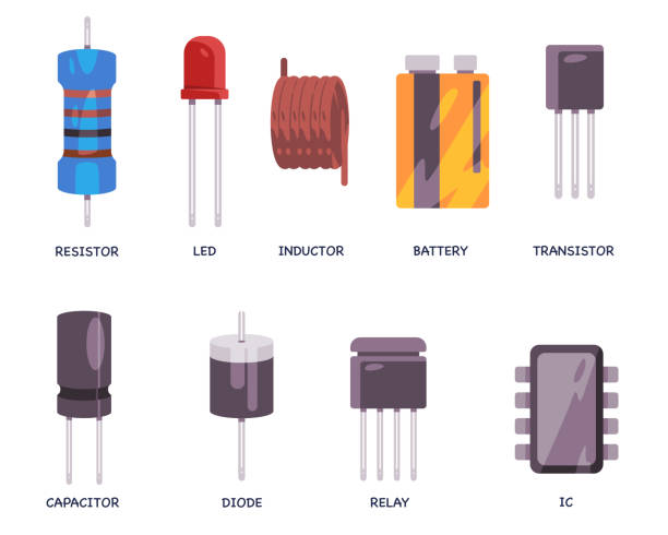 ilustraciones, imágenes clip art, dibujos animados e iconos de stock de el componente eléctrico básico consiste en inductor de resistencia y diseño de transistor ilustración de icono plano - condensador componente eléctrico