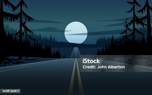 istock Full moon night in forest with road 1408136872