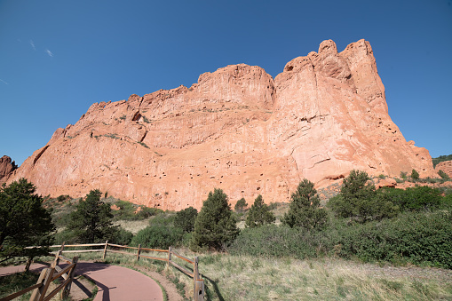 Wide view of massive sandstone formation in Garden of the Gods footpath at Colorado Springs, Colorado in western USA.
