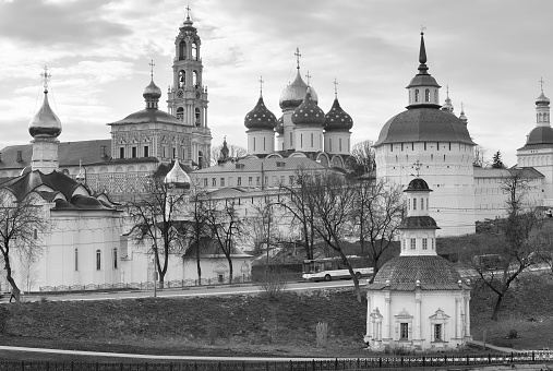 Sergiev Posad, Russia, 05.01.2022. Domes, walls, churches, bell tower of an Orthodox monastery, Russian architecture of the XV-XVIII centuries