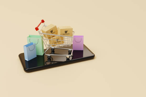 istock Online shopping concept. Web or mobile application e-commerce. Smartphone and carton paper box in shopping cart and shopping bag. 3d rendering 1408138311