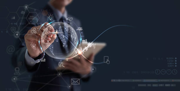 istock Businessman using digital tablet on global network connection with data exchange and business development. Internet technology and digital marketing 1408141086