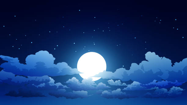 illustrazioni stock, clip art, cartoni animati e icone di tendenza di sfondo del cielo notturno con nuvole, luna piena e stelle - luna piena