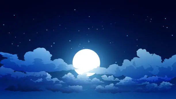 Vector illustration of Night sky background with clouds, full moon and stars
