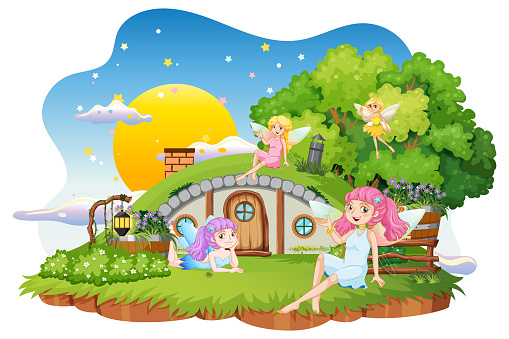 Fairies at hobbit house on white background illustration