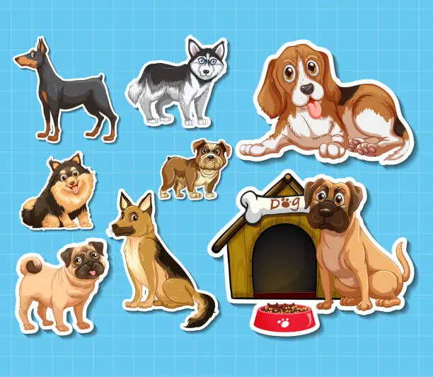 Vector illustration of Sticker set of different dogs cartoon