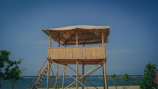Watch Tower Made From Bamboo on Sakura Beach, Untung Island Java, Thousand Islands, Indonesia