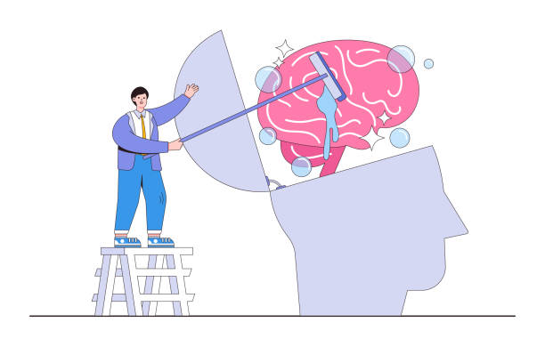 istock Clear your mind to recover focus, increase your creative thinking capacity, and expand your memory concepts illustrations. Ambitious businessman wash and clean the brain in his big head, brainwashing 1408146456