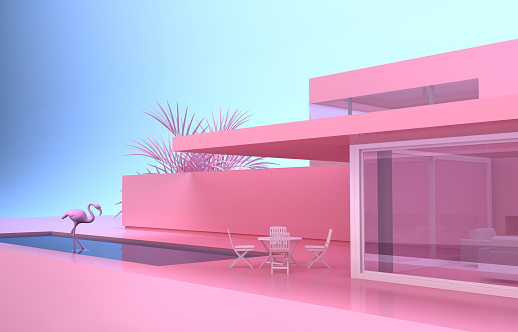 minimalistic modern private house exterior in pink with flamingos. 3d rendering