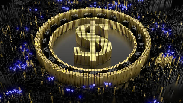 istock US dollar symbol in an abstract microstructure of black and gold blocks. 3d rendering image. Futuristic concept art. 1408146858