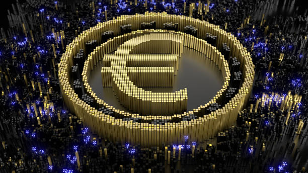 istock Euro symbol in an abstract microstructure of black and gold blocks. 3d rendering image. Futuristic concept art. 1408147174