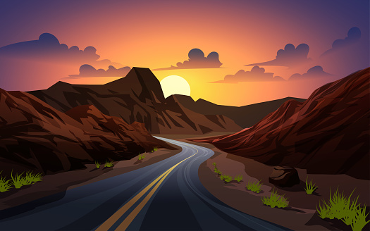 Sunset landscape with mountains and curved road