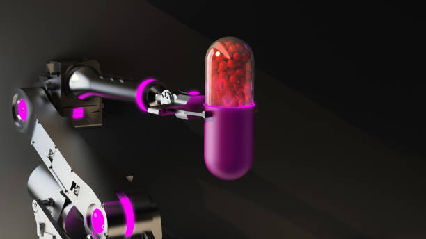 istock futuristic robot hand holding pill in purple light 1408147228