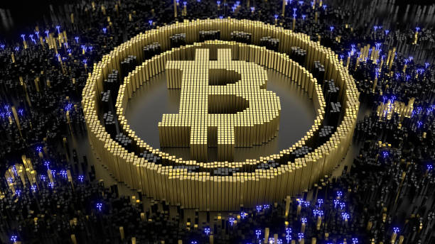 istock Bitcoin symbol in an abstract microstructure of black and gold blocks. 3d rendering image. Futuristic concept art. 1408147248