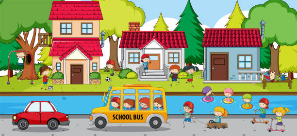 Scene with many kids on school bus Scene with many kids on school bus illustration small bus stock illustrations