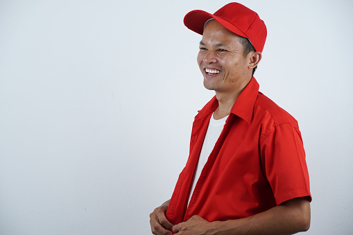 portrait asian men smiling and happy on white background.