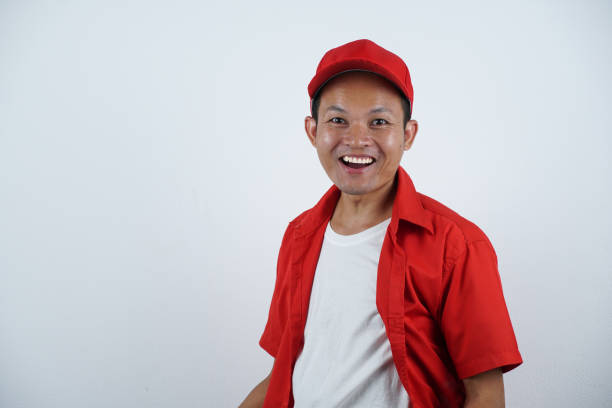 portrait asian men smiling and happy on white background.