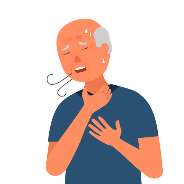 Senior man having difficult breathing in flat design on white background. Lung problem. vector art illustration