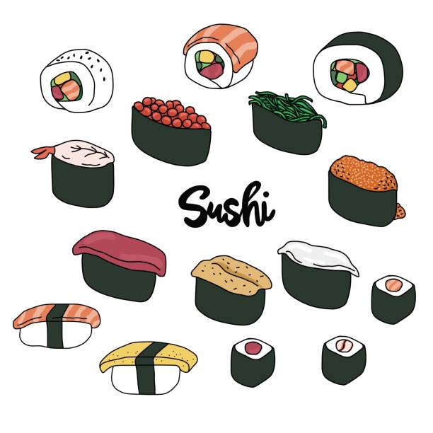 ilustracja rysunku japońskiej linii sushi - asian cuisine illustrations stock illustrations