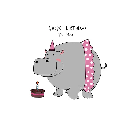 Hippo Birthday cute hippopotamus wear pink skirt with cake cartoon vector illustration