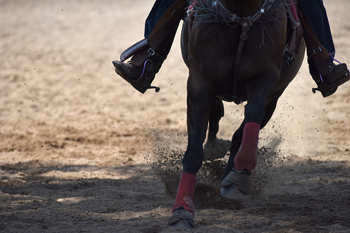 Closeup of the hooves of a horse at a gallop with the boots and spurs of the rider visible.