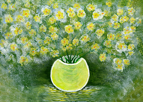 Drawing a bouquet of yellow flowers in a round vase on a green background