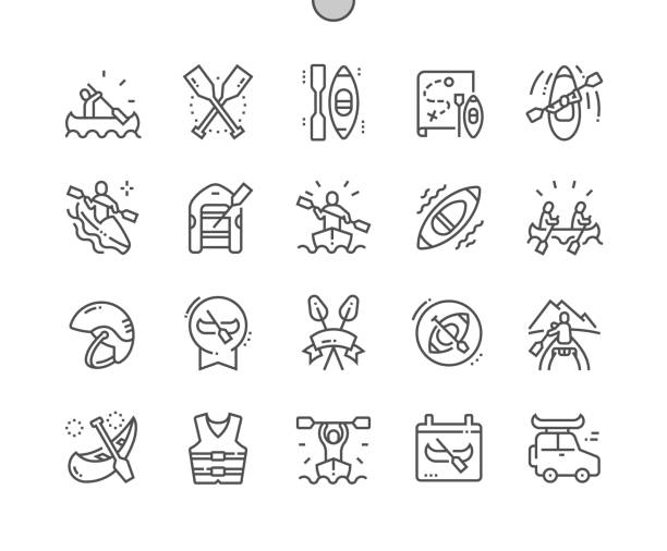 stockillustraties, clipart, cartoons en iconen met canoeing. active rest. extreme water sports. kayaking equipment, safety tools, boats and oars. pixel perfect vector thin line icons. simple minimal pictogram - kano op rivier