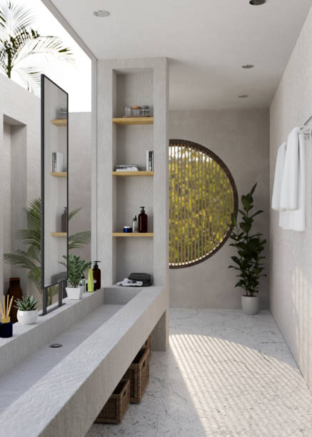moderno diseño interior de baño tropical loft con lavabo de cemento moderno y elegante - baños minimalistas  fotografías e imágenes de stock
