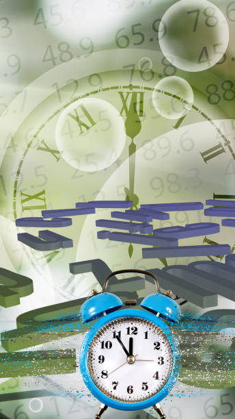 istock image of an alarm clock, from which particles break off, forming a stream. Dispersion of time and the letters on green background 1408159373